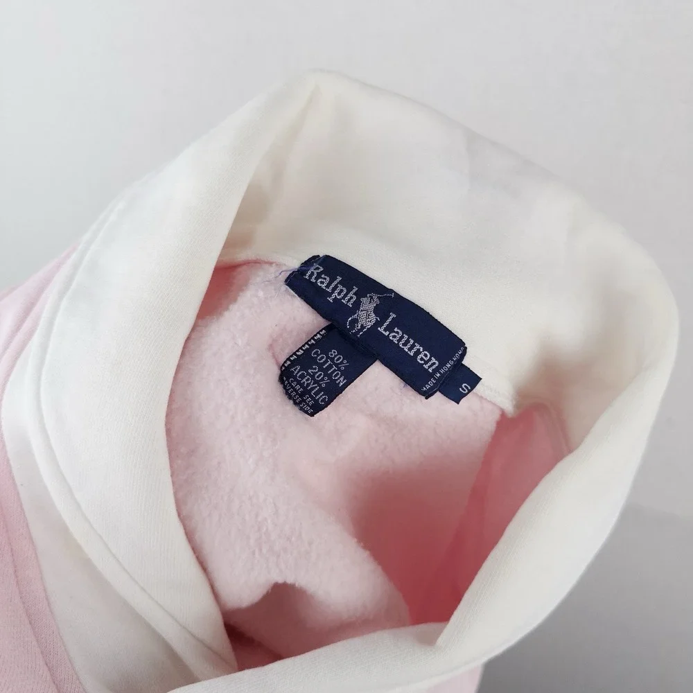 90s Ralph Lauren Womens Small Pink White Shawl Collar Fleece Pullover Sweatshirt